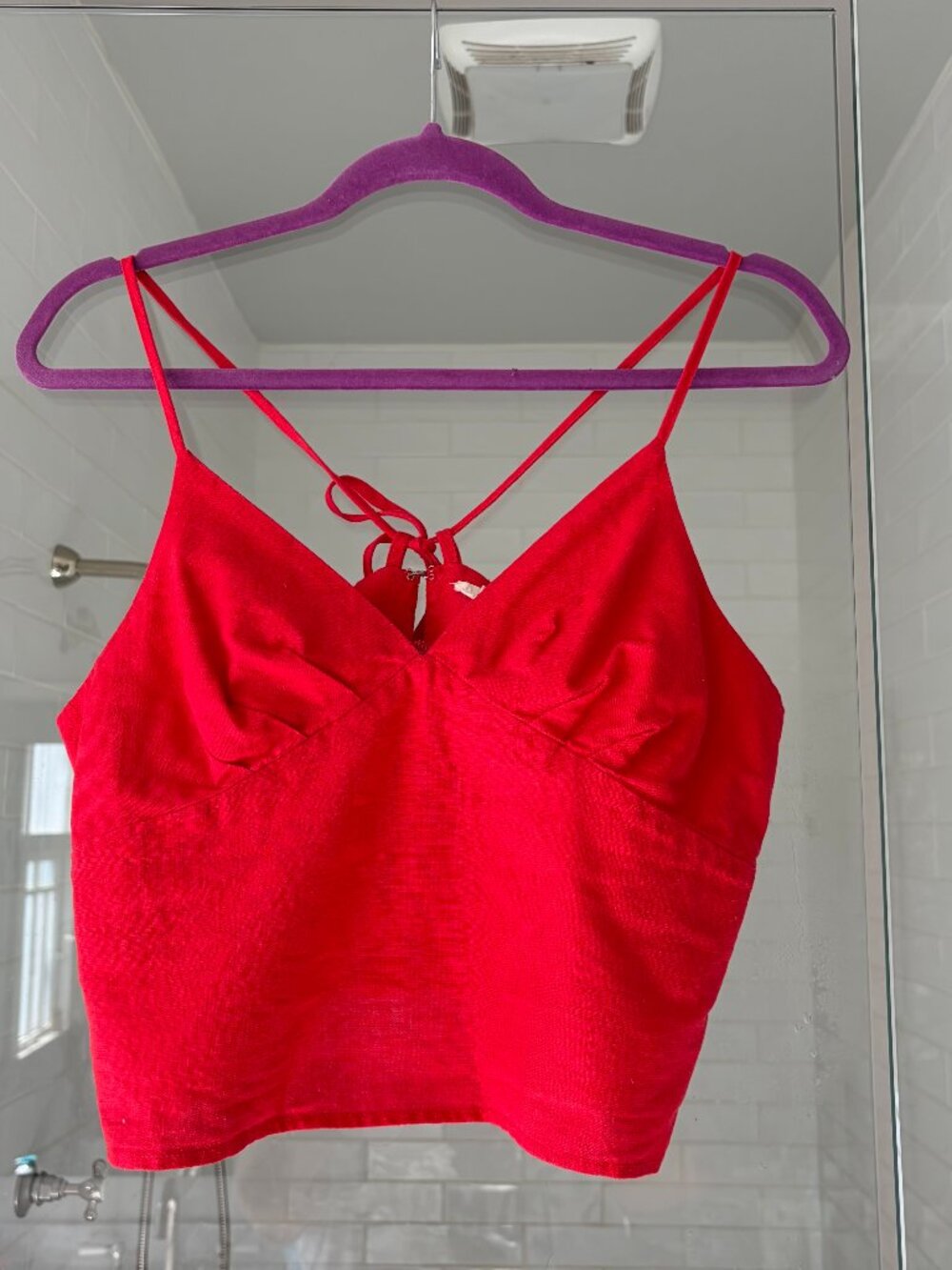 Red Strappy Back Crop Top - Linen/Polyester Blend